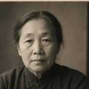 Chen, a generated portrait: an older woman in a plain dark high-collared jacket, in no hurry whatsoever.