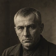 Kozlov, a generated portrait: a middle-aged man in a heavy dark coat at a bare desk, watching the camera without expression.