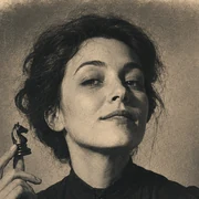 Vera, a generated portrait: a young woman holding a black knight up beside her face and half-smiling at the camera.